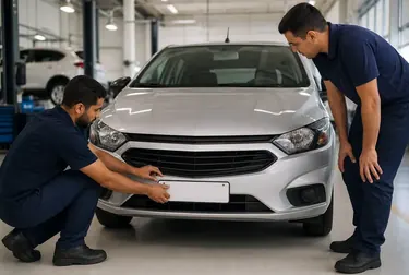 Despachante auxiliando no emplacamento de um carro, com papéis específicos.