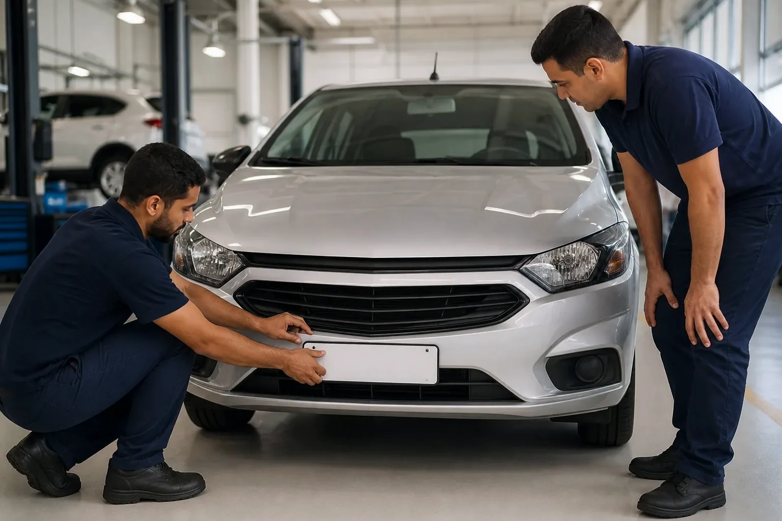 Despachante auxiliando no emplacamento de um carro, com papéis específicos.