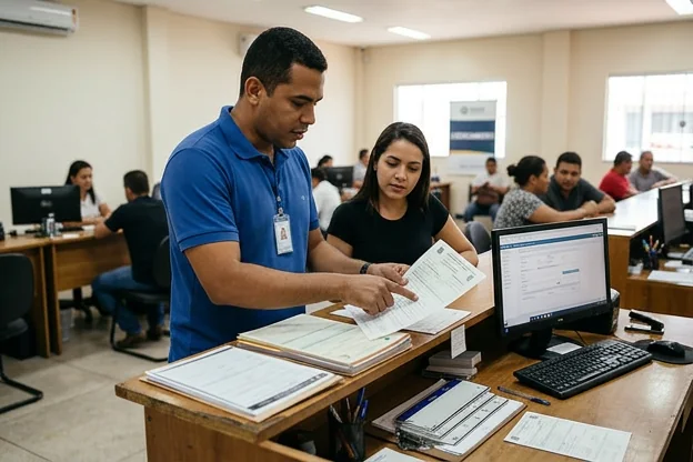 Profissional ajudando no processo de licenciamento de veículos, mostrando papéis e computador.