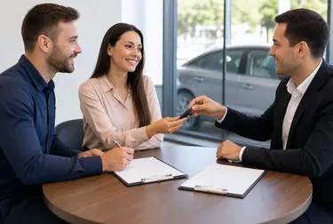 Profissional realizando a transferência de veículo, com documentação em mãos.