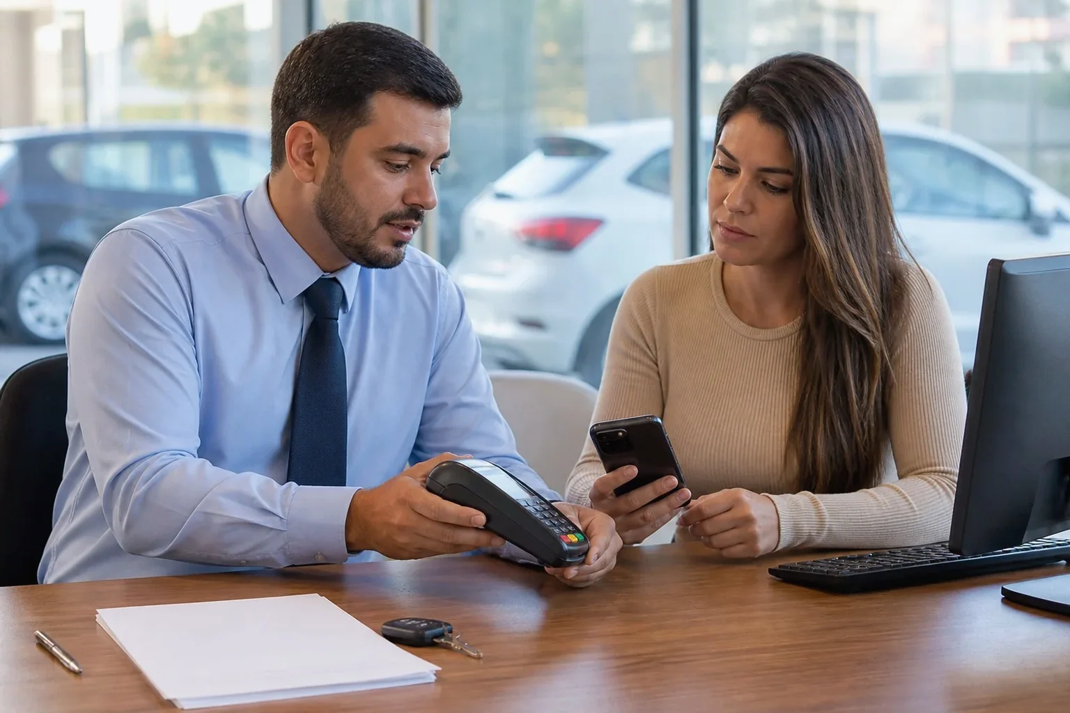 Profissional realizando o pagamento de débitos de veículos em um ambiente de trabalho.