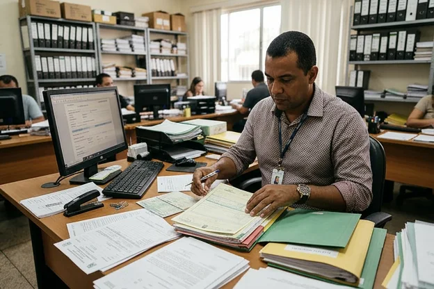 Profissional verificando documentos para a transferência de veículo, em ambiente de trabalho.